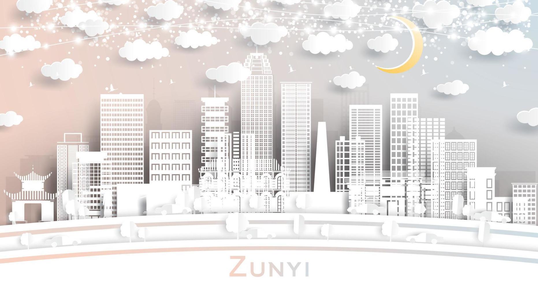 Zunyi China City Skyline in Paper Cut Style with White Buildings, Moon and Neon Garland. vector