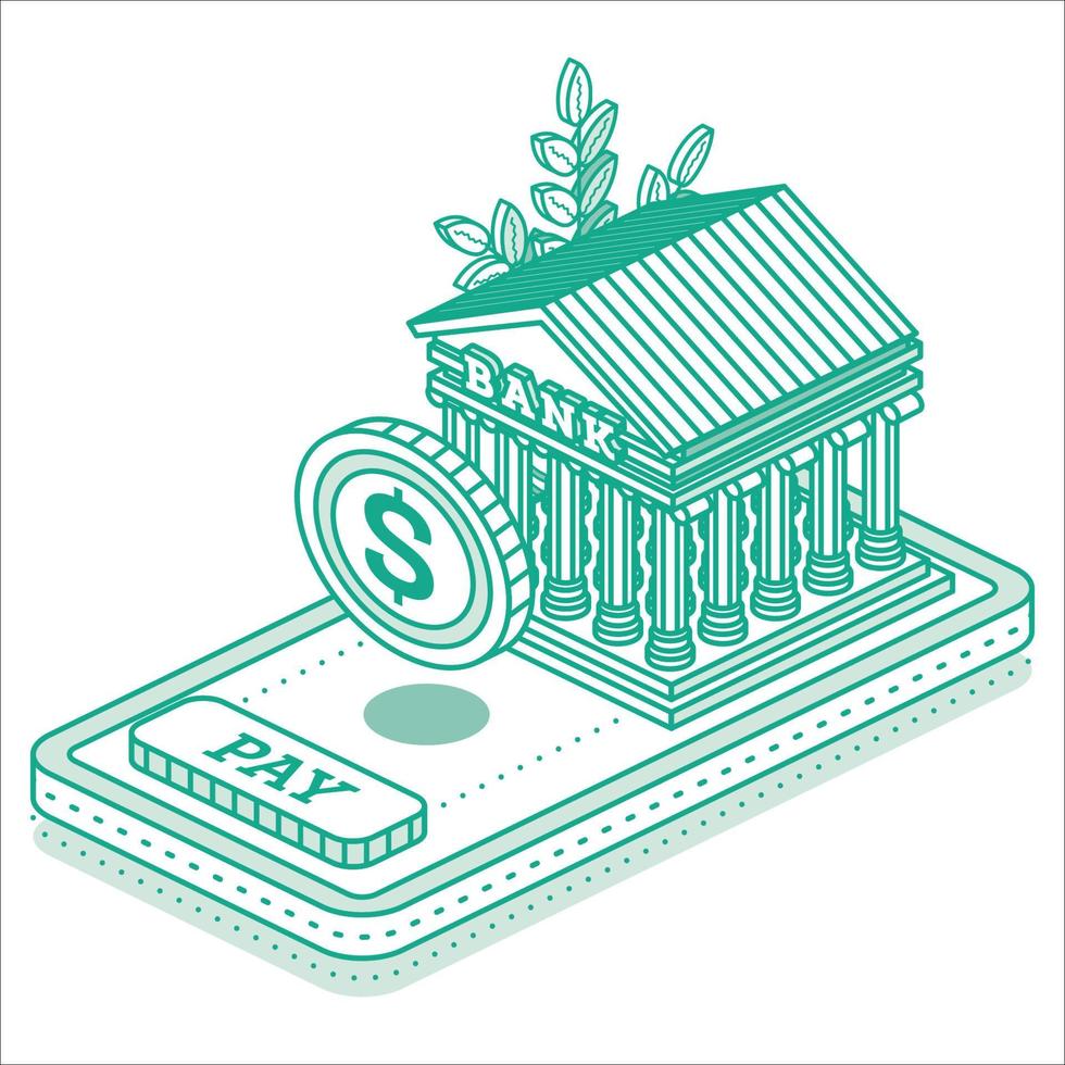 Bank Building and Coin on Top of Smartphone. Isometric Financial Concept. vector