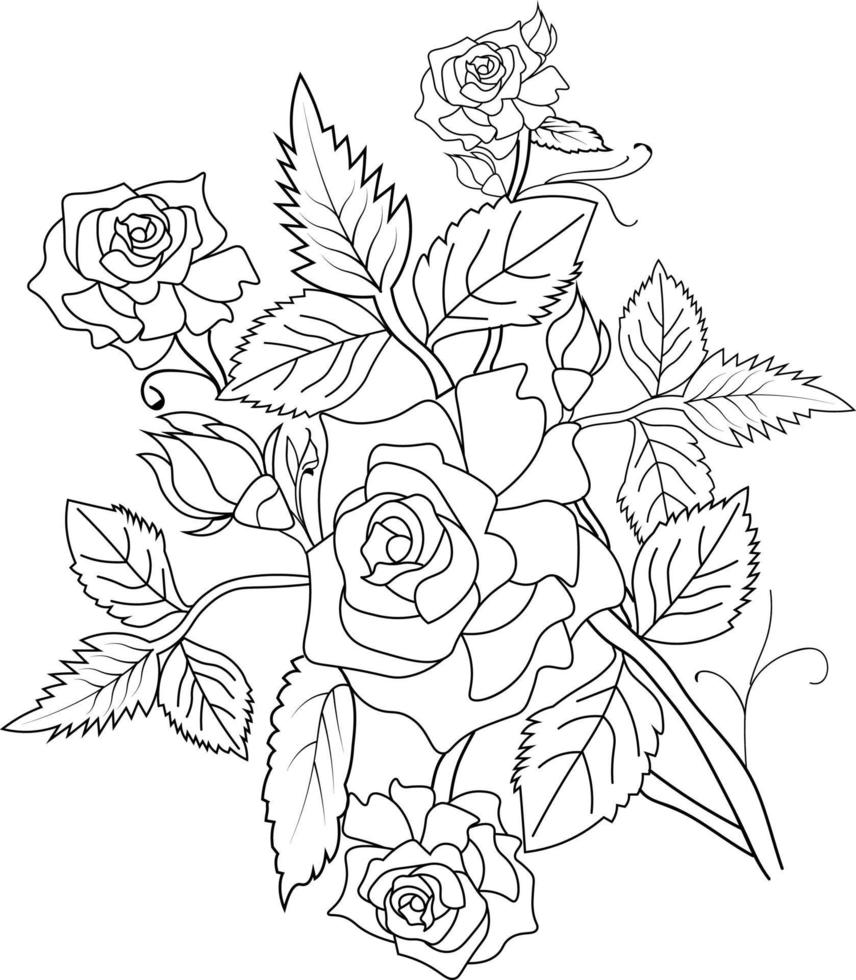 arte de lápiz de flor rosa, página de coloreado vectorial de contorno blanco y negro y libro para adultos y niños flores rosa blanca, con hojas dibujadas a mano ilustración de tinta grabada diseño artístico. vector