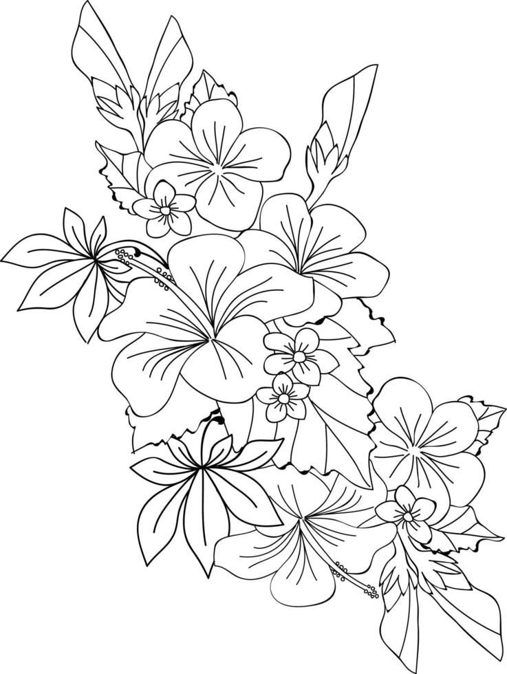 Hibiscus flower drawing hand draw flower vase  illustration, vector sketch, decorative pencil art, bouquet of floral coloring page, and book isolated on white background clipart.