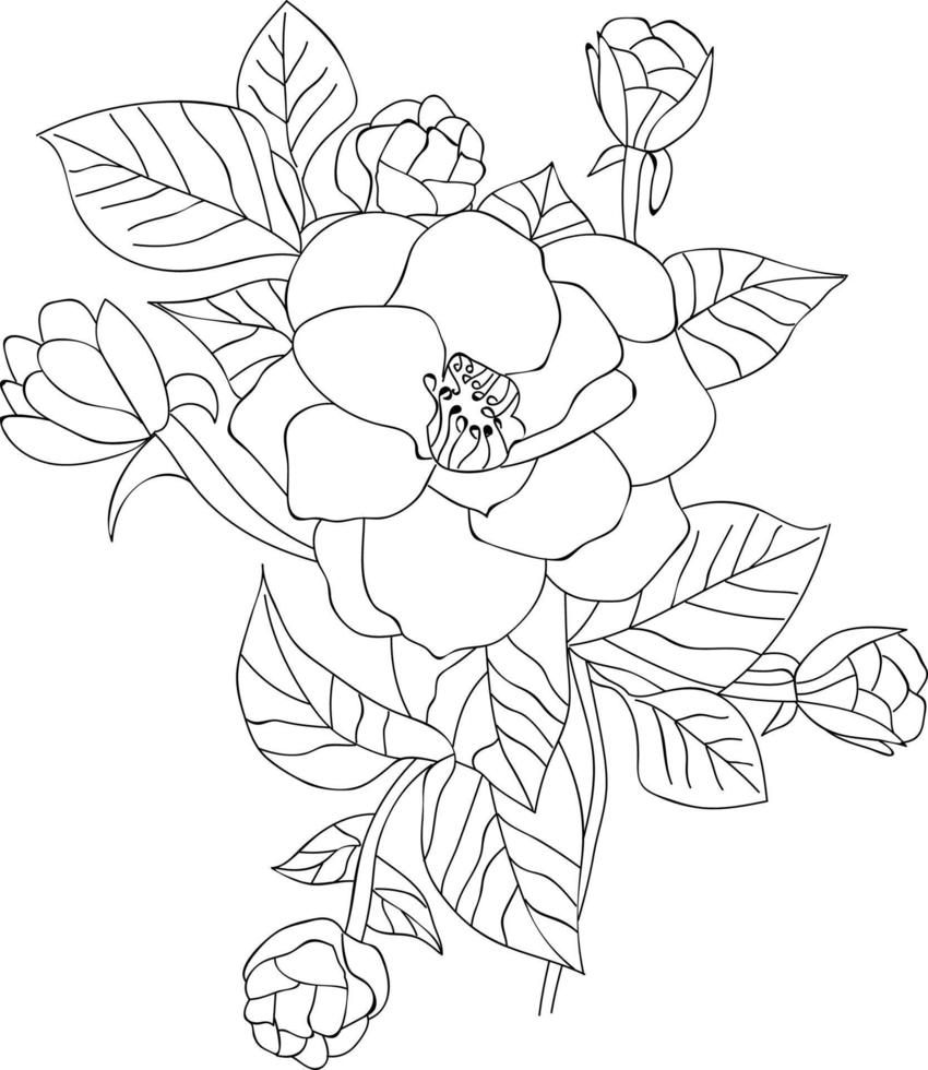 Rose line art, floral vector illustration. vintage engraved style flowers with red roses on isolated white. hand-drawn botanical flower, ink illustration.