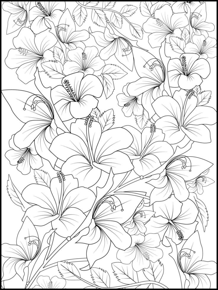 Beautiful botanical floral pattern illustration for coloring book or page, hibiscus flower sketch art, hand drawn bouquet of floral isolated on white background. vector