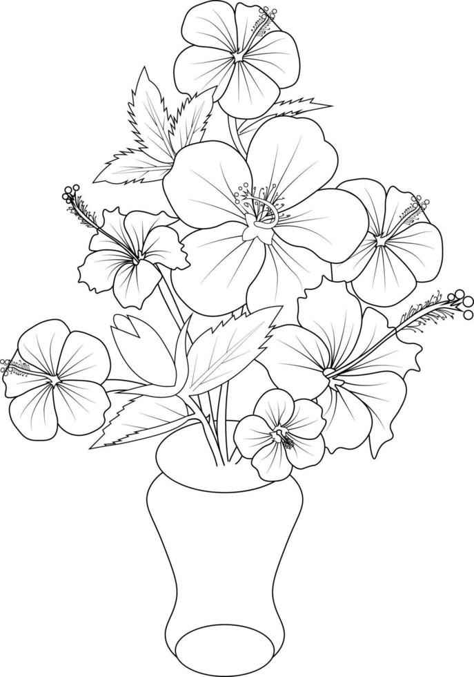 Hibiscus flower bouquet of vector sketch hand drawn illustration, natural collaction branch of leaves bud  vase outline drawing ingraved ink art isolated on white background