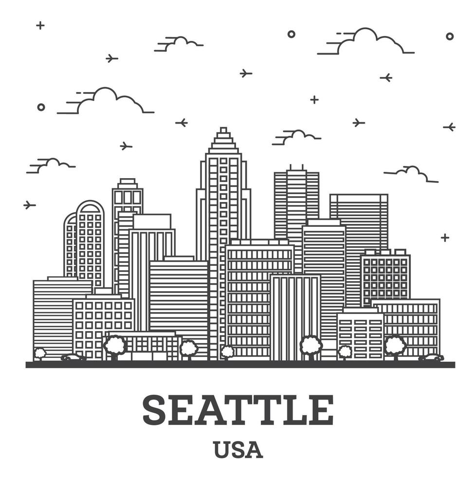 Outline Seattle Washington USA City Skyline with Modern Buildings Isolated on White. vector