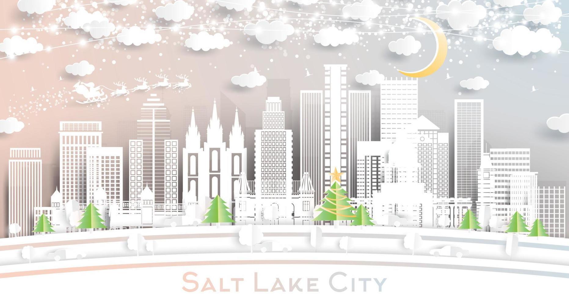 Salt Lake City Utah City Skyline in Paper Cut Style with Snowflakes, Moon and Neon Garland. vector