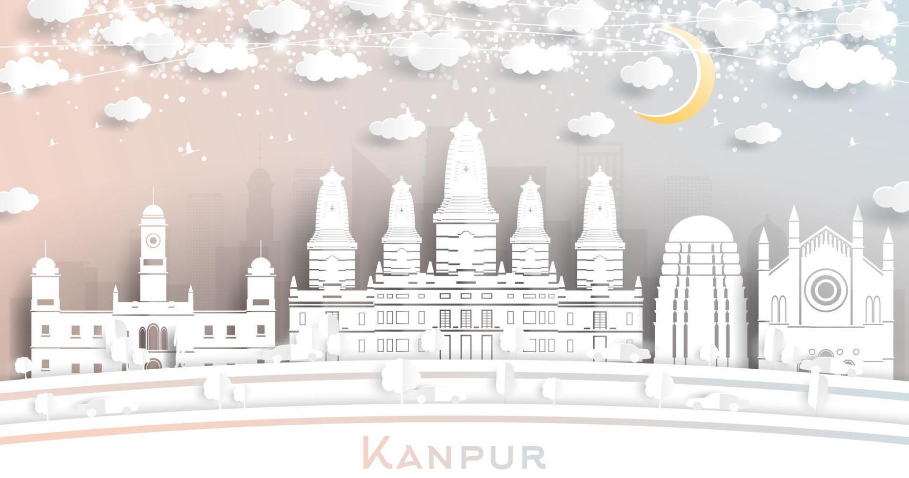 el horizonte de la ciudad de kanpur india en estilo de corte de papel con edificios blancos, luna y guirnalda de neón. vector