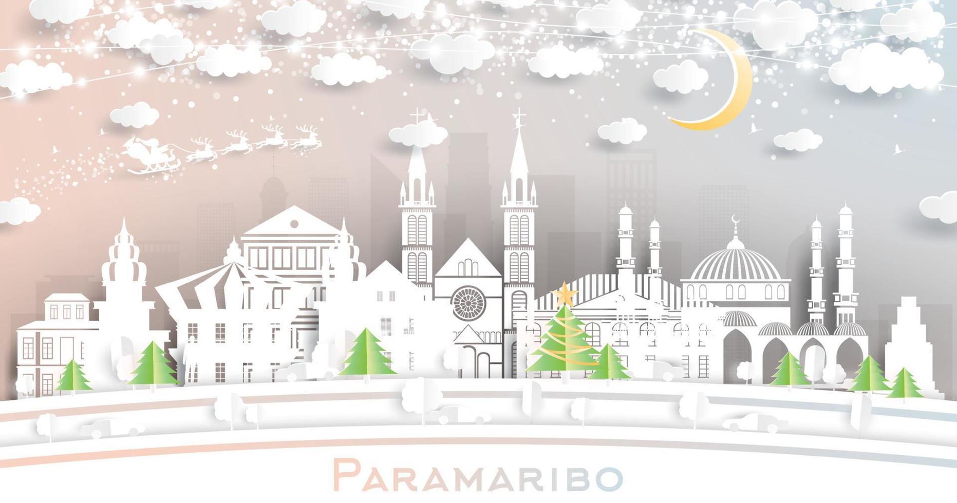 Paramaribo Suriname City Skyline in Paper Cut Style with Snowflakes, Moon and Neon Garland. vector