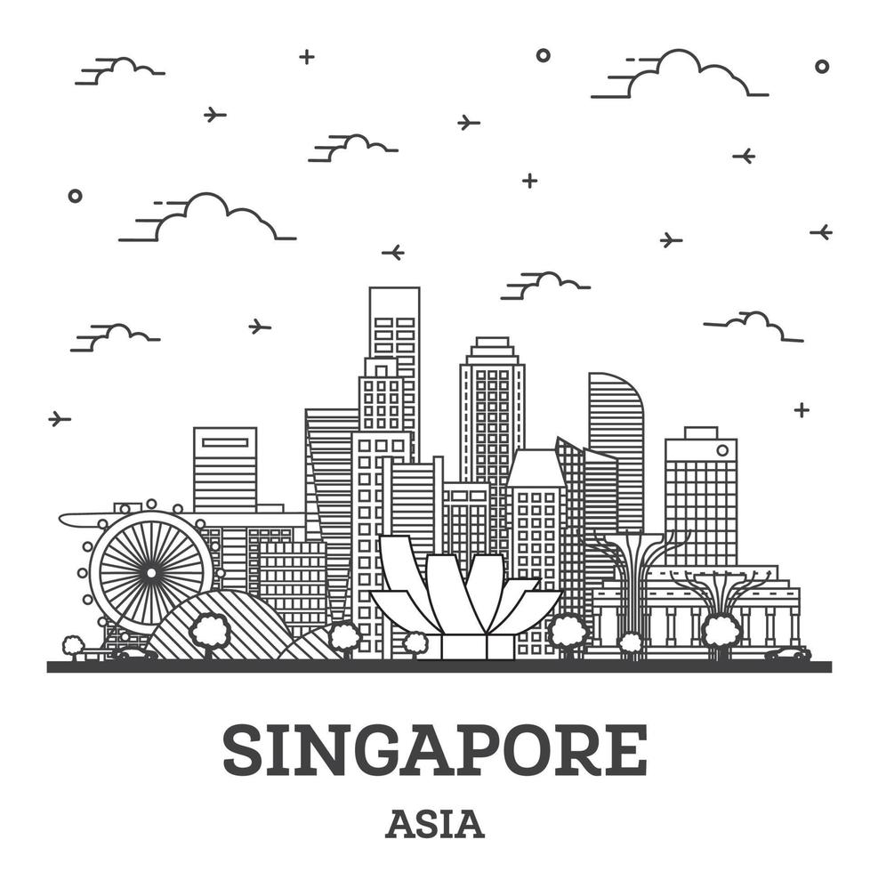 Outline Singapore City Skyline with Modern Buildings Isolated on White. vector