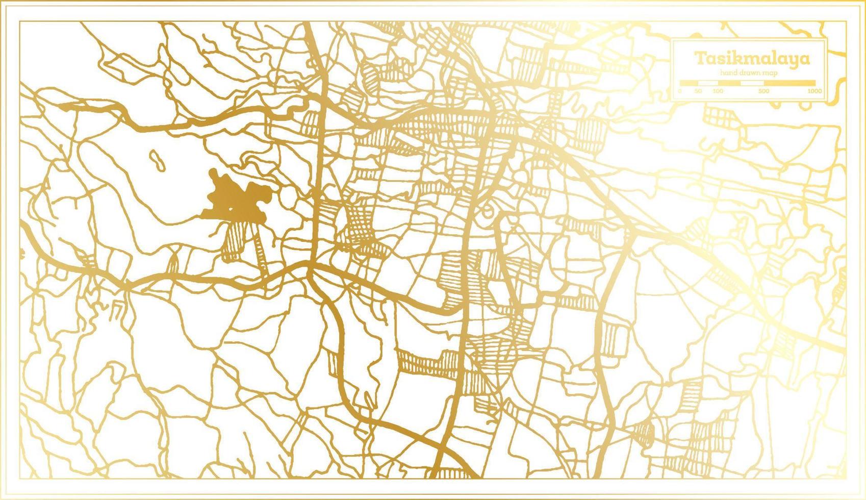 mapa de la ciudad de tasikmalaya indonesia en estilo retro en color dorado. esquema del mapa. vector