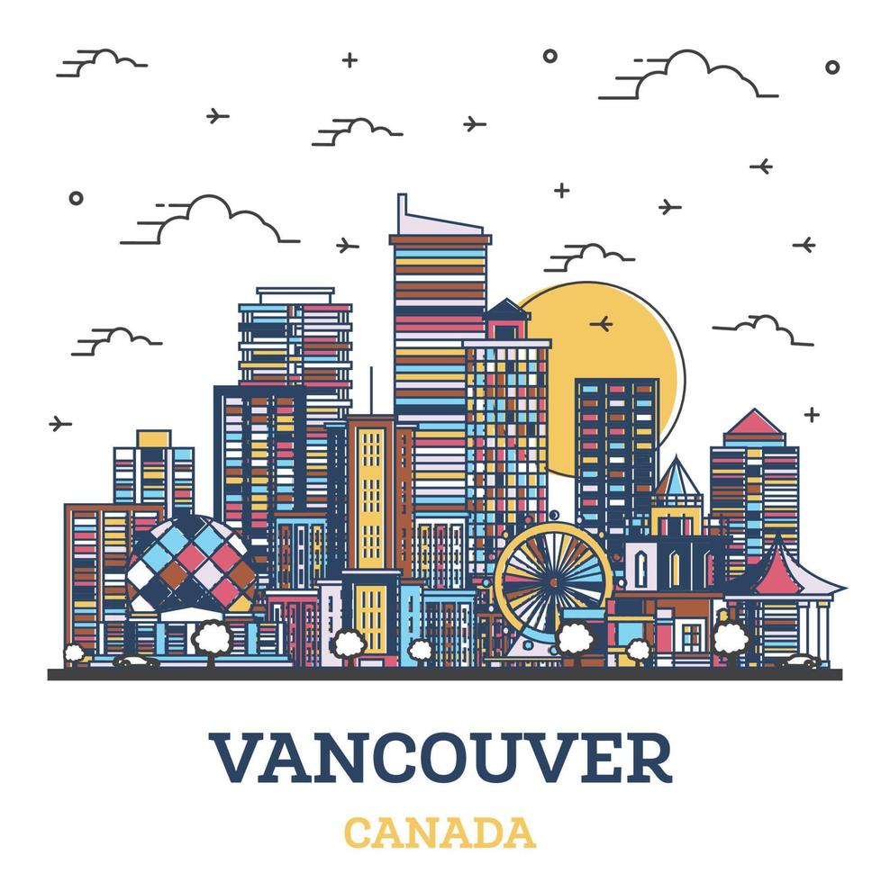 delinear el horizonte de la ciudad de vancouver canadá con edificios modernos de colores aislados en blanco. vector