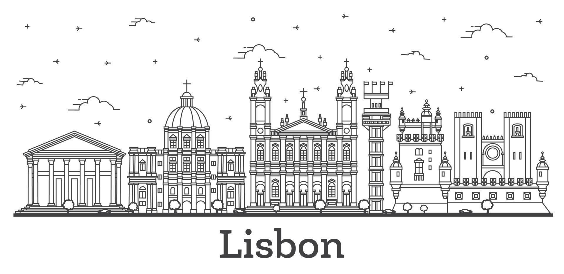 Outline Lisbon Portugal City Skyline with Historic Buildings Isolated on White. vector