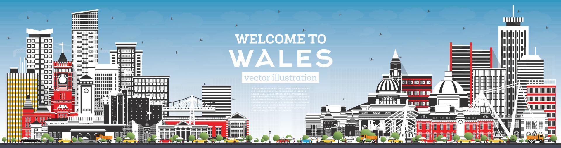 Welcome to Wales City Skyline with Gray Buildings and Blue Sky. vector