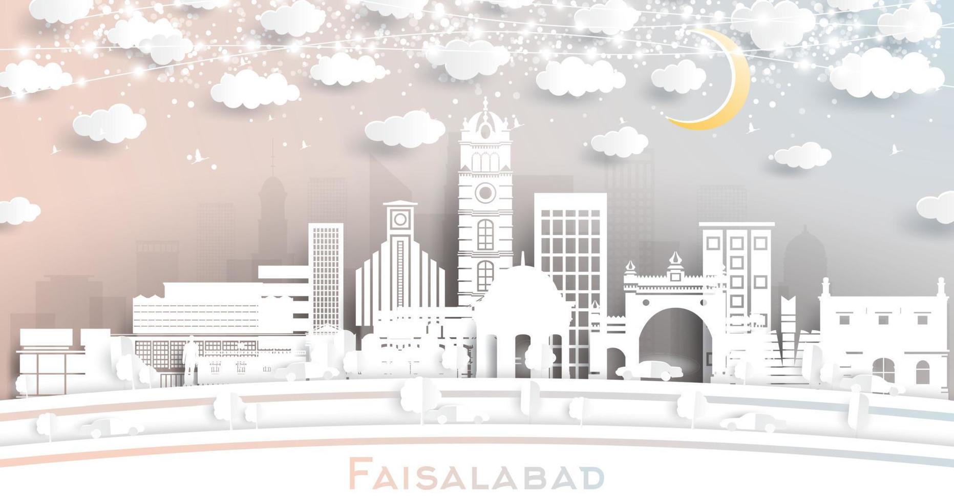 Faisalabad Pakistan City Skyline in Paper Cut Style with White Buildings, Moon and Neon Garland. vector