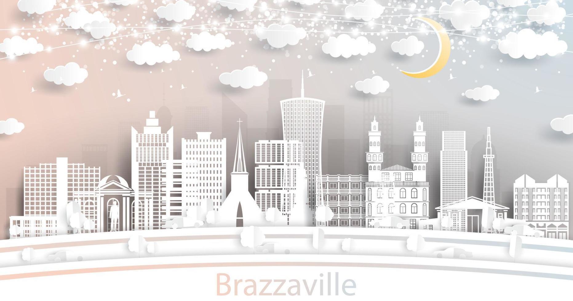 Brazzaville Republic of Congo City Skyline in Paper Cut Style with White Buildings, Moon and Neon Garland. vector