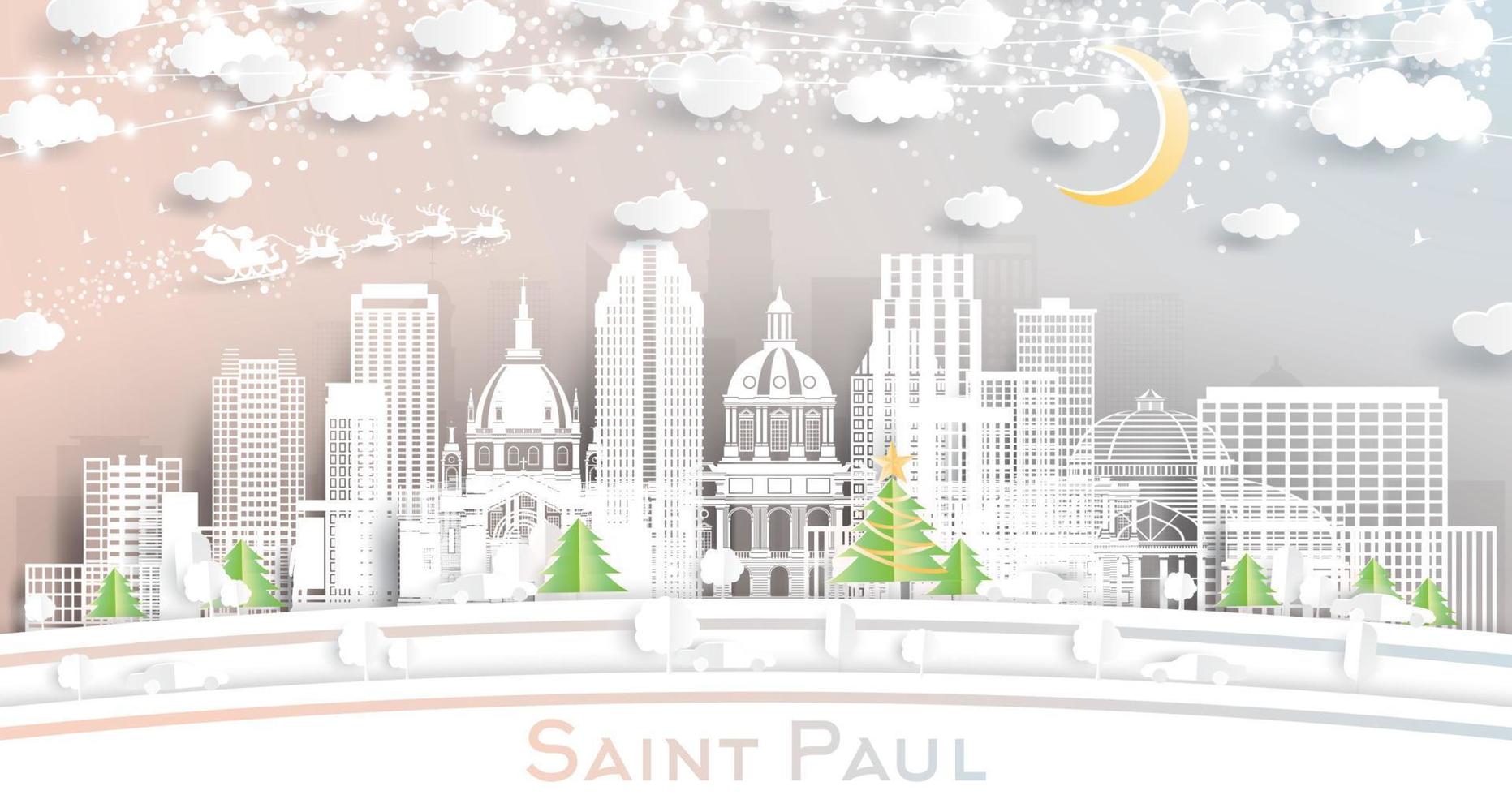 el horizonte de la ciudad de saint paul minnesota en estilo de corte de papel con copos de nieve, luna y guirnalda de neón. vector