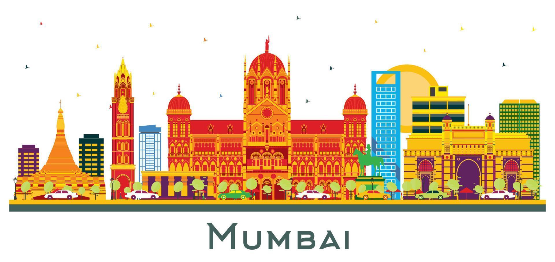 Mumbai India City Skyline with Color Buildings Isolated on White. vector