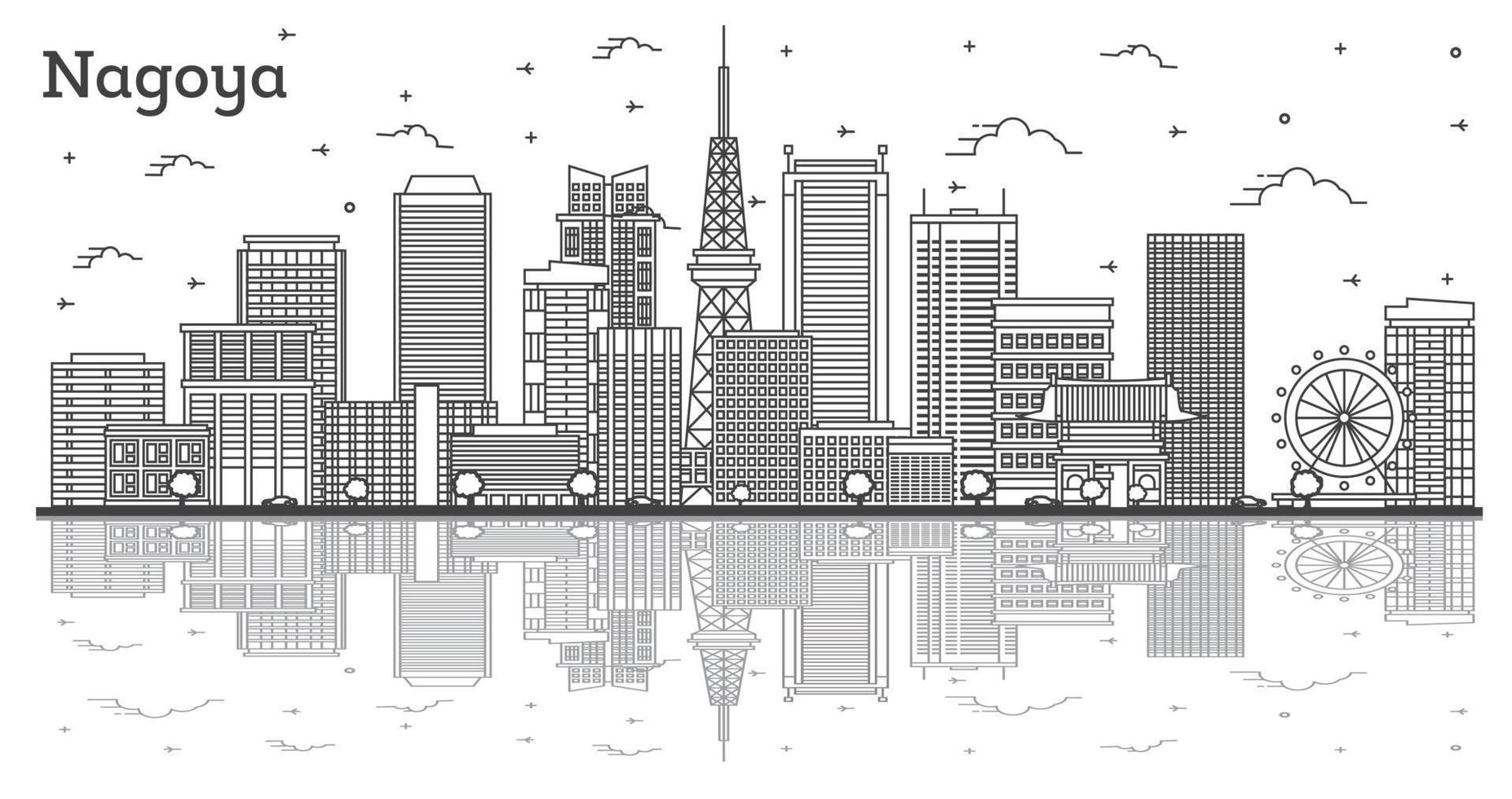 Outline Nagoya Japan City Skyline with Modern Buildings and Reflections Isolated on White. vector