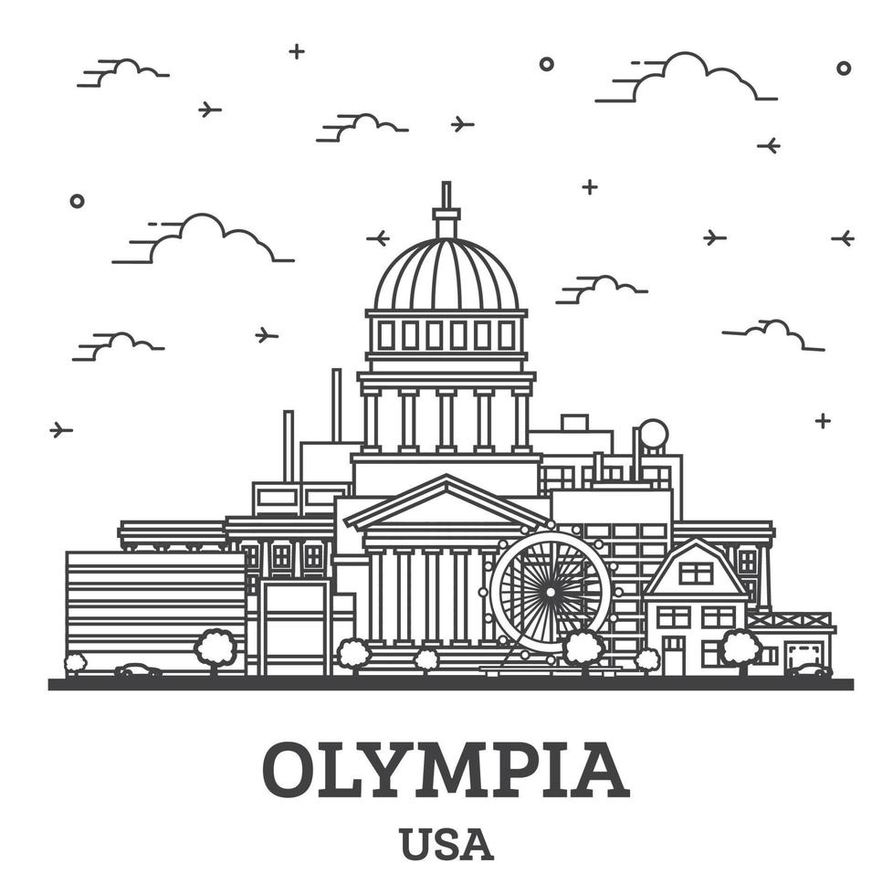 delinear el horizonte de la ciudad de olimpia washington con edificios modernos aislados en blanco. vector