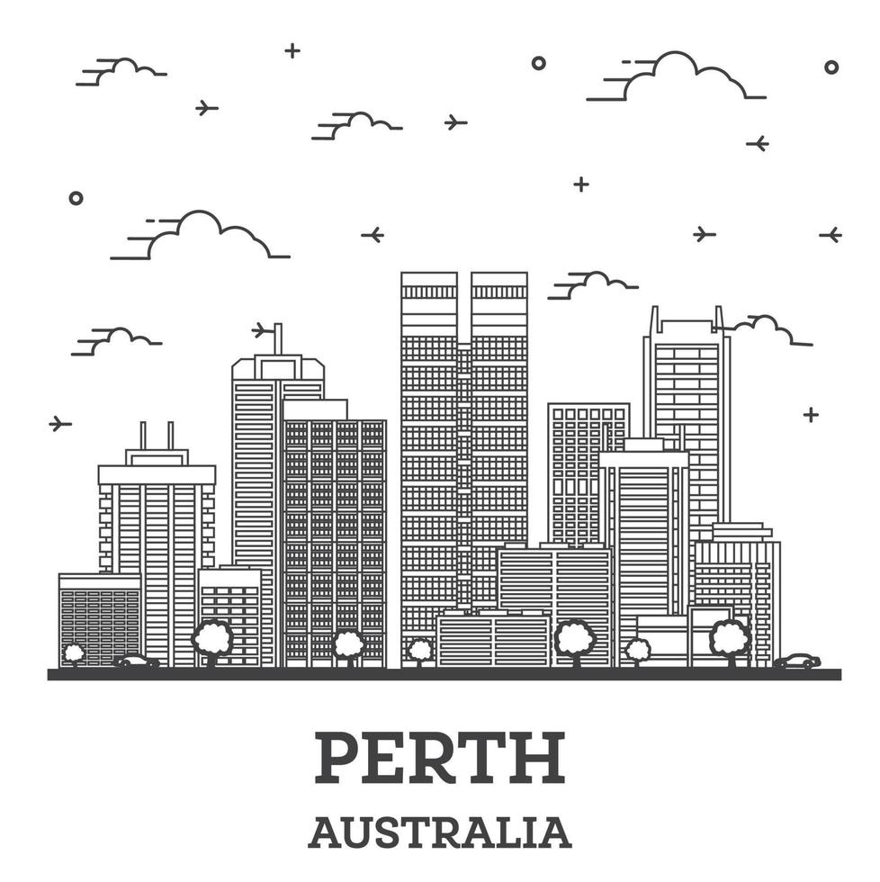 Outline Perth Australia City Skyline with Modern Buildings Isolated on White. vector