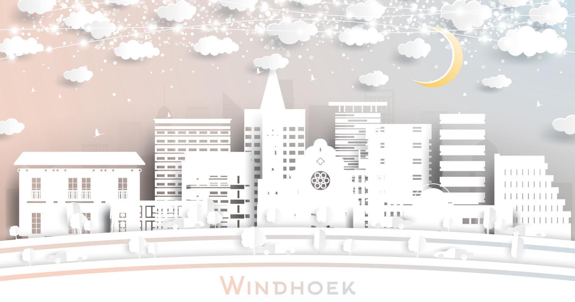 Windhoek Namibia City Skyline in Paper Cut Style with Snowflakes, Moon and Neon Garland. vector