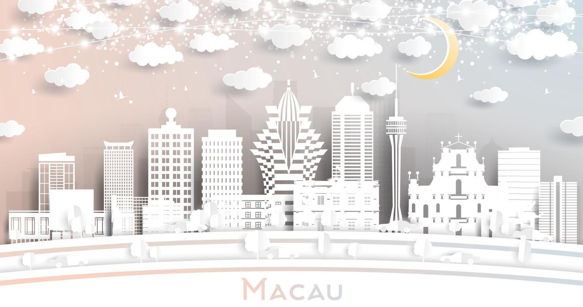Macau China City Skyline in Paper Cut Style with White Buildings, Moon and Neon Garland. vector