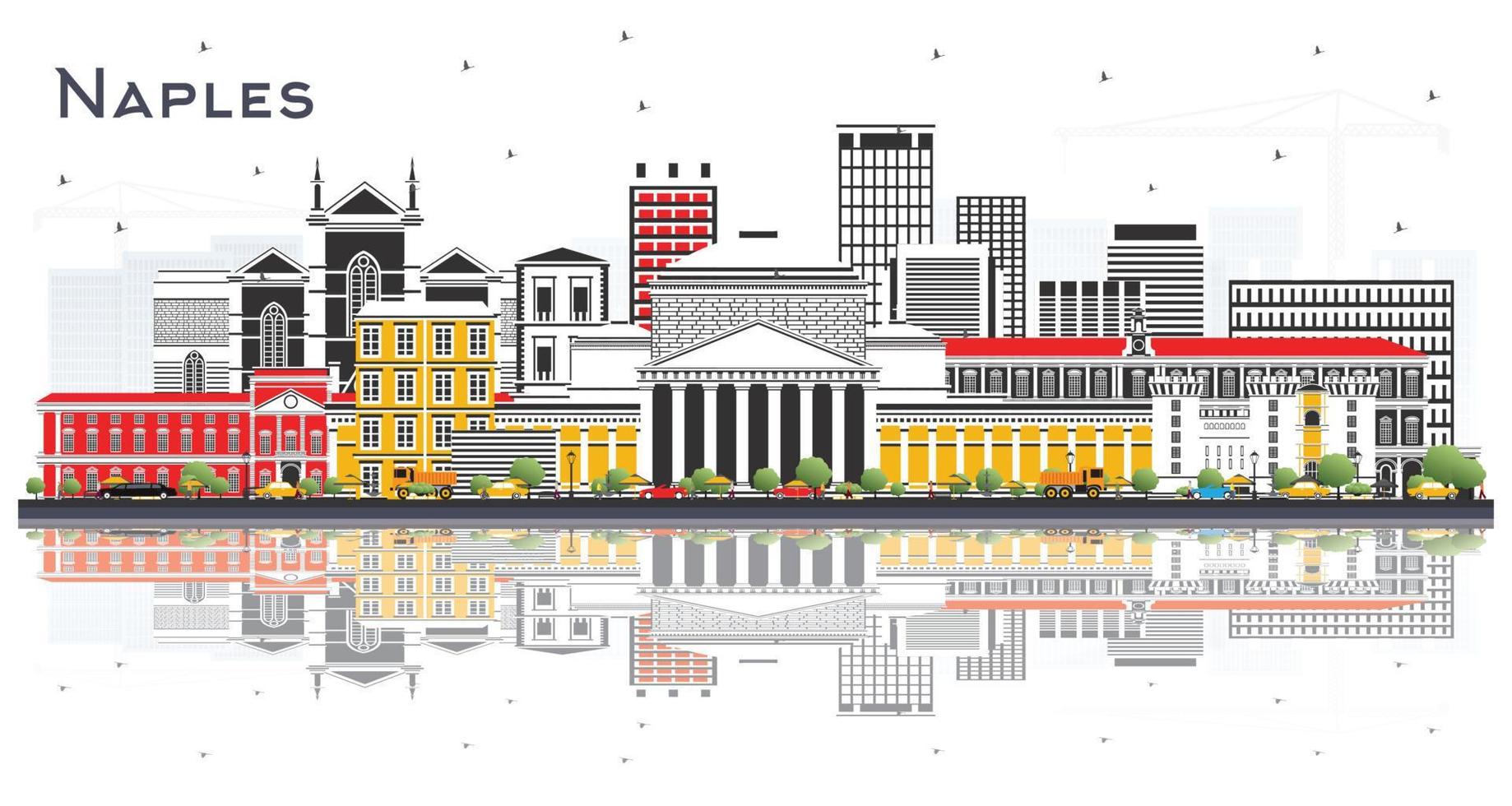 horizonte de la ciudad de nápoles italia con edificios de color y reflejos aislados en blanco. vector