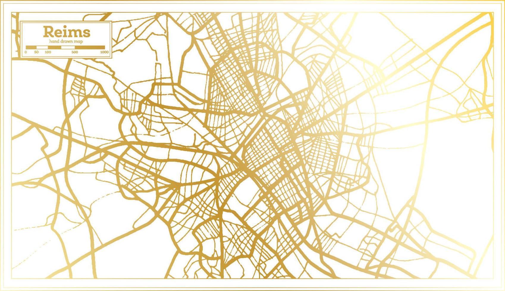 mapa de la ciudad de reims francia en estilo retro en color dorado. esquema del mapa. vector