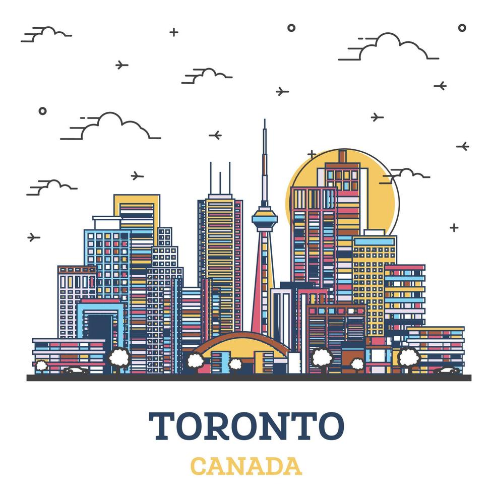 Outline Toronto Canada City Skyline with Colored Modern Buildings Isolated on White. vector