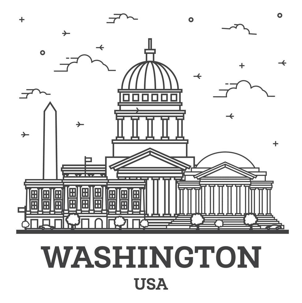 Outline Washington DC USA City Skyline with Modern Buildings Isolated on White. vector