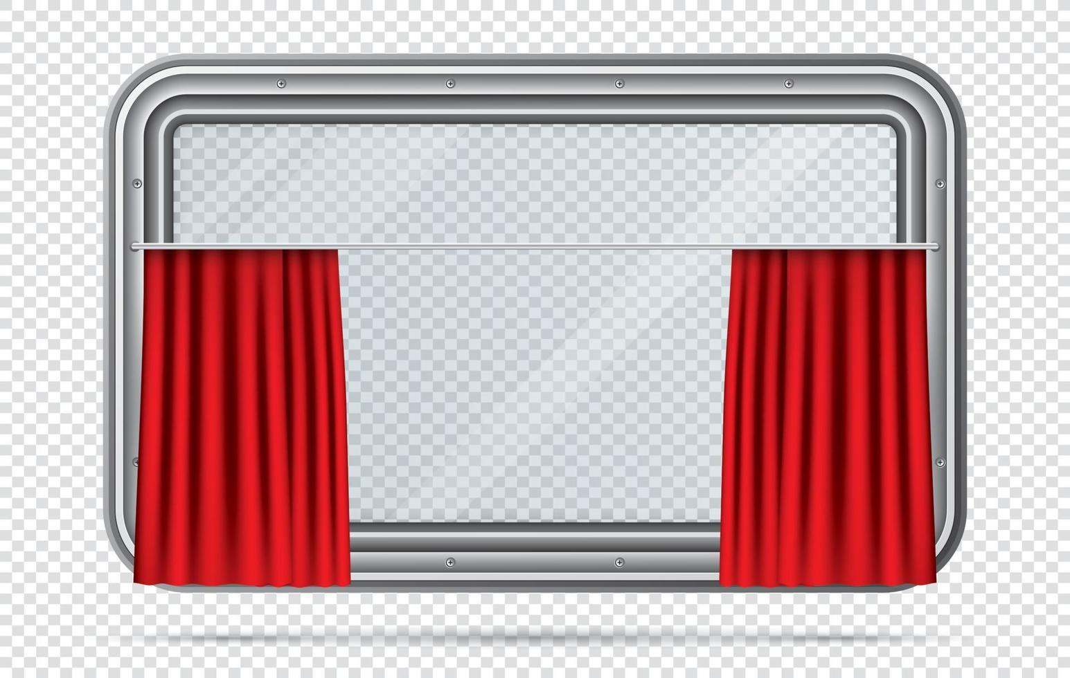 Train Window with Red Curtain on Checkered Background. Realistic View From Inside of Train. vector