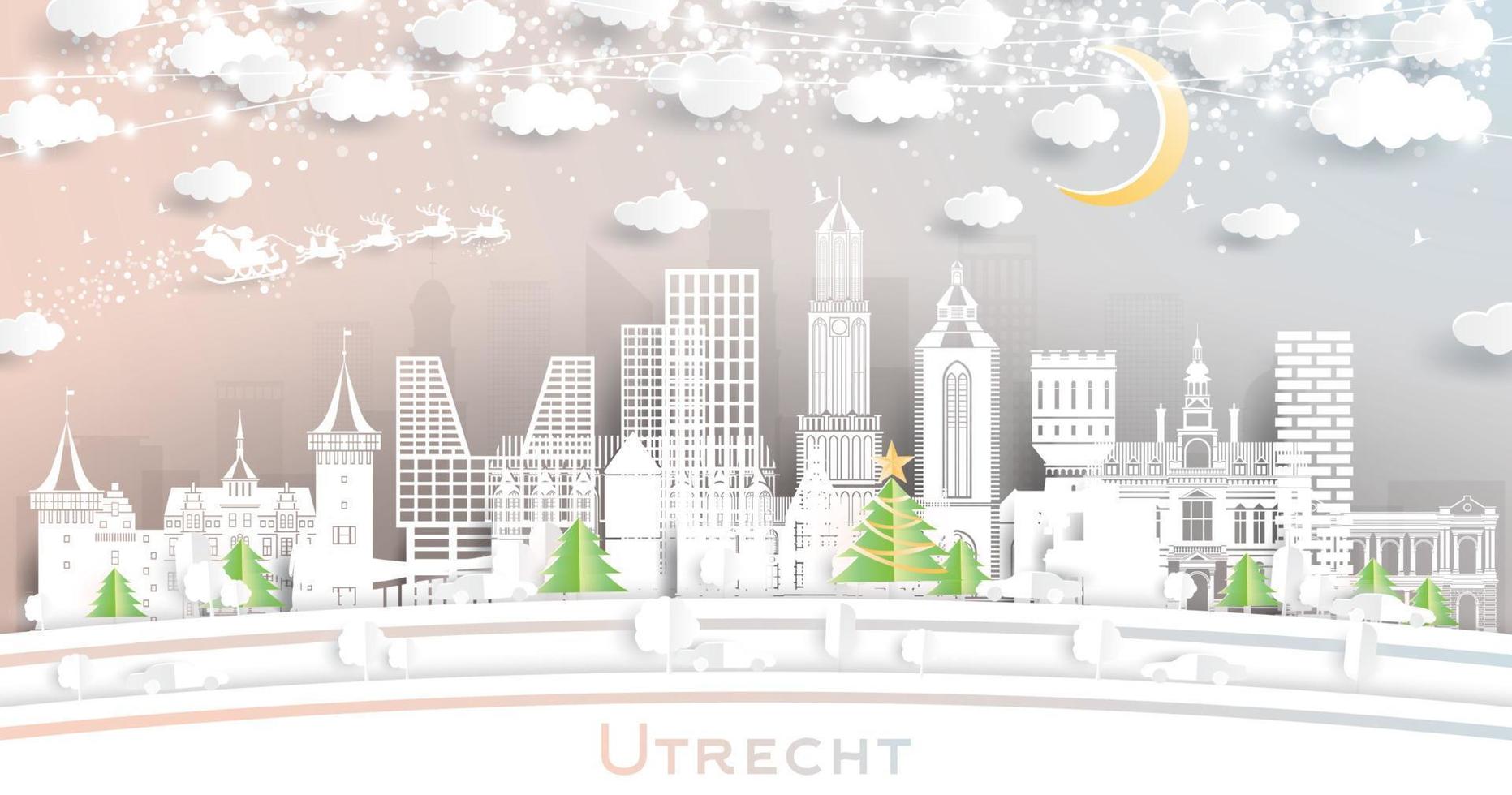 el horizonte de la ciudad de utrecht, países bajos, en estilo de corte de papel con copos de nieve, luna y guirnaldas de neón. vector