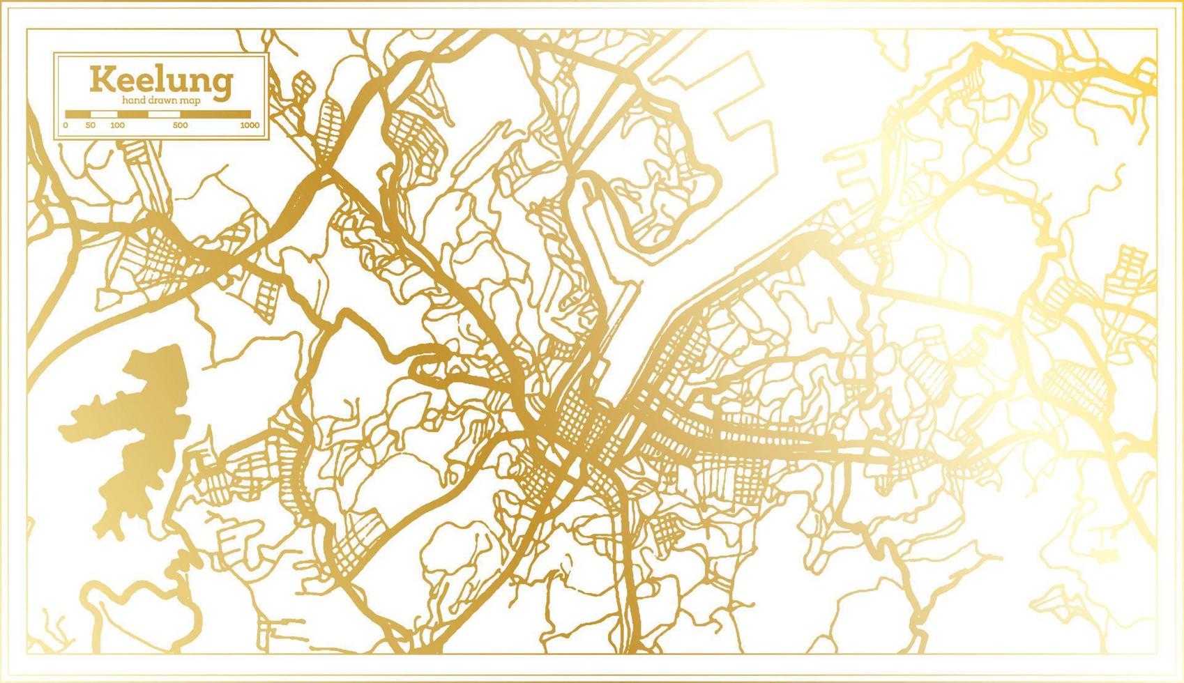 mapa de la ciudad de keelung taiwán en estilo retro en color dorado. esquema del mapa. vector