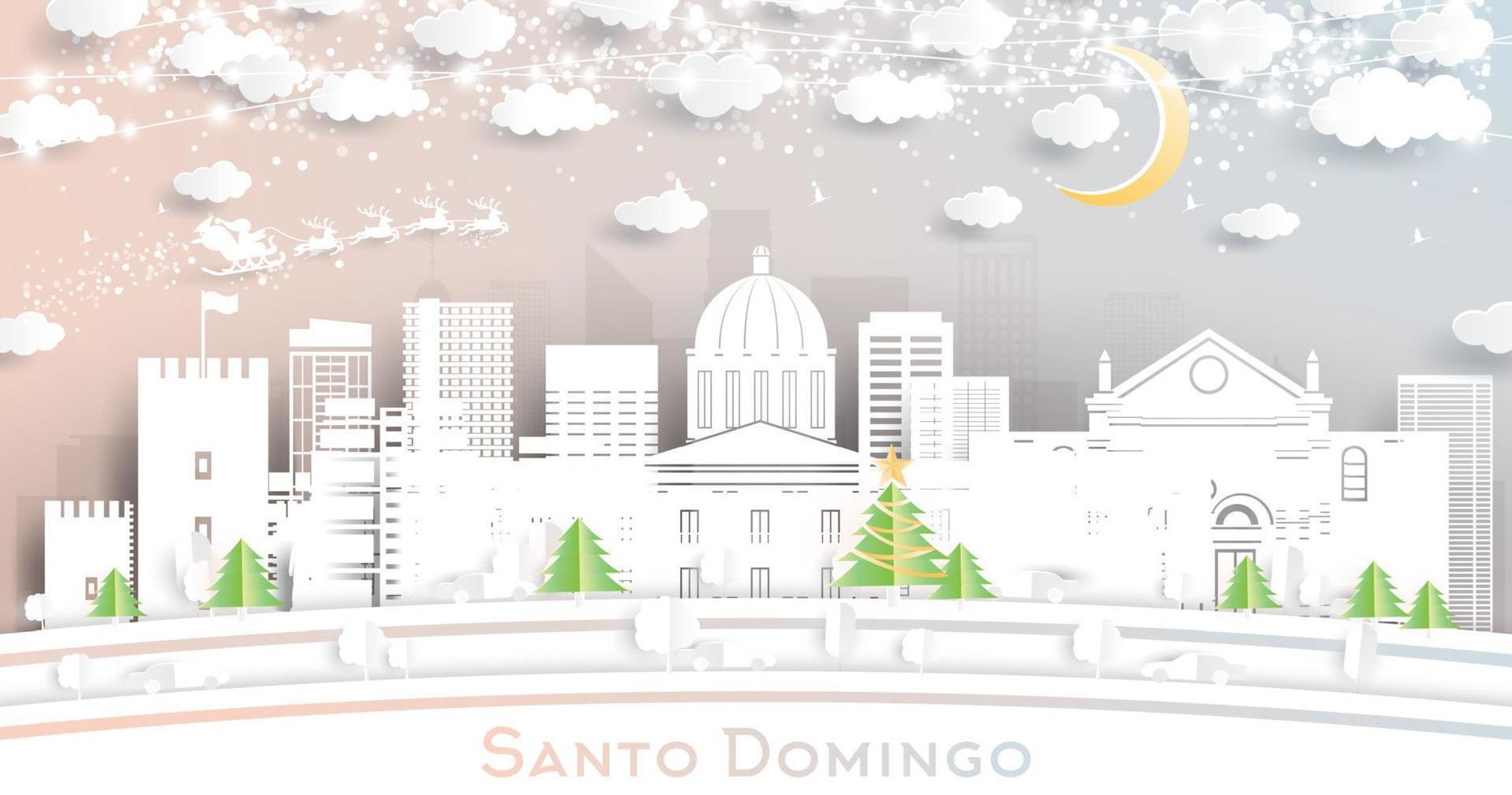 Santo Domingo Dominican Republic City Skyline in Paper Cut Style with Snowflakes, Moon and Neon Garland. vector