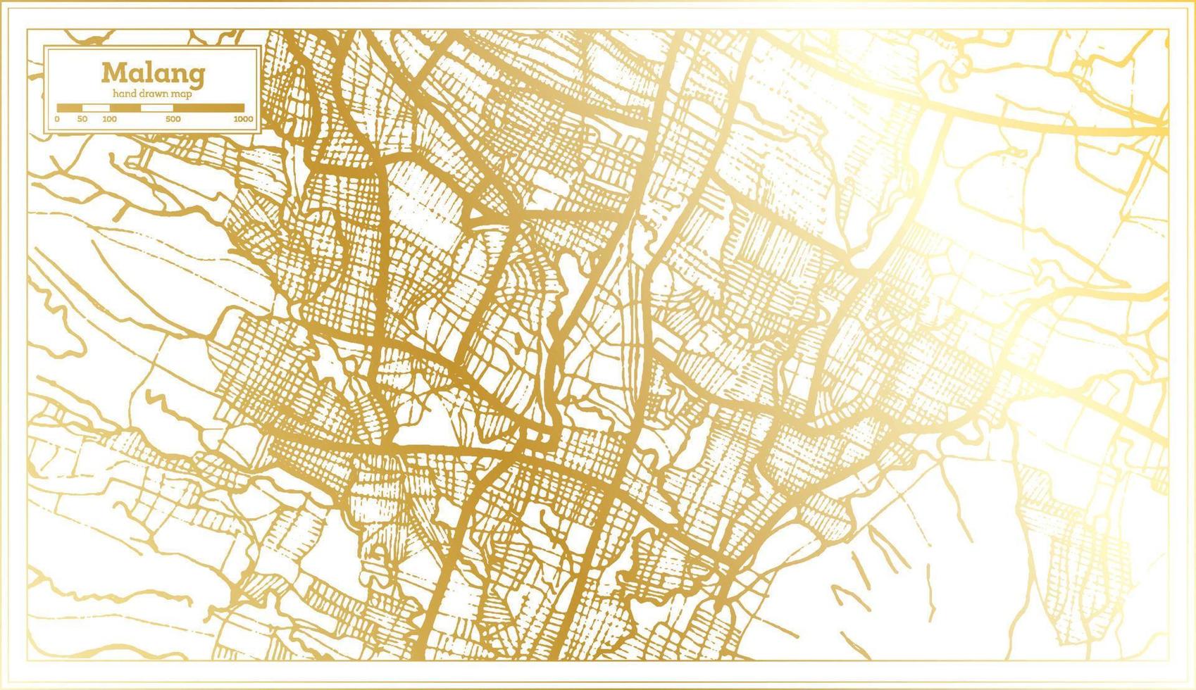 mapa de la ciudad de malang indonesia en estilo retro en color dorado. esquema del mapa. vector