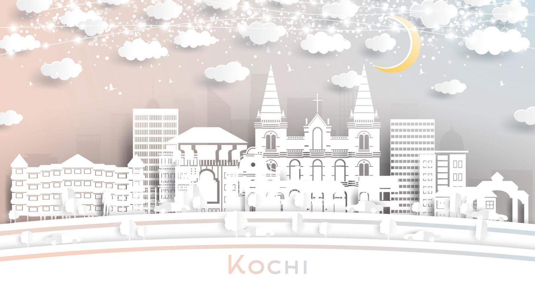 horizonte de la ciudad de kochi india en estilo de corte de papel con edificios blancos, luna y guirnalda de neón. vector