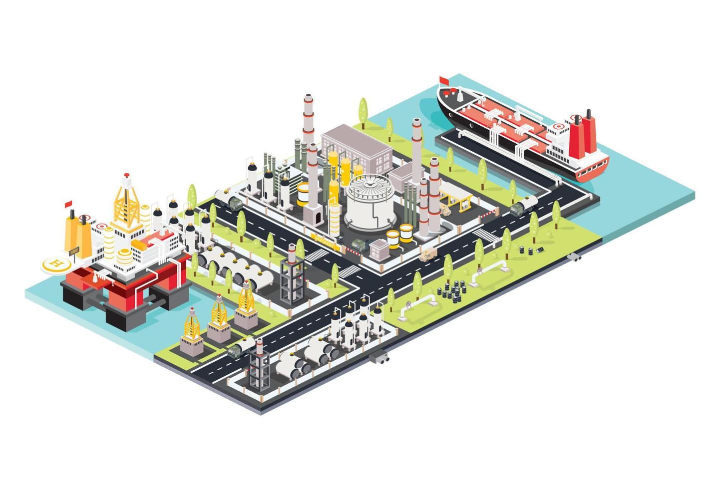 Planta de refinería. granja de tanques de aceite isométrica. plataforma petrolera costa afuera. Puerto marítimo con petrolero amarrado en una terminal de silos de almacenamiento de petróleo. vector