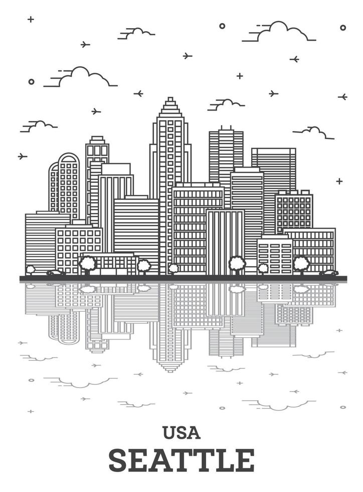 delinear el horizonte de la ciudad de seattle, washington, ee.uu. con edificios modernos y reflejos aislados en blanco. vector