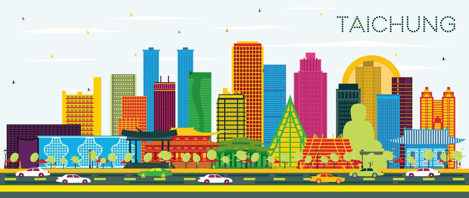 horizonte de la ciudad de taichung taiwán con edificios de color y cielo azul. vector