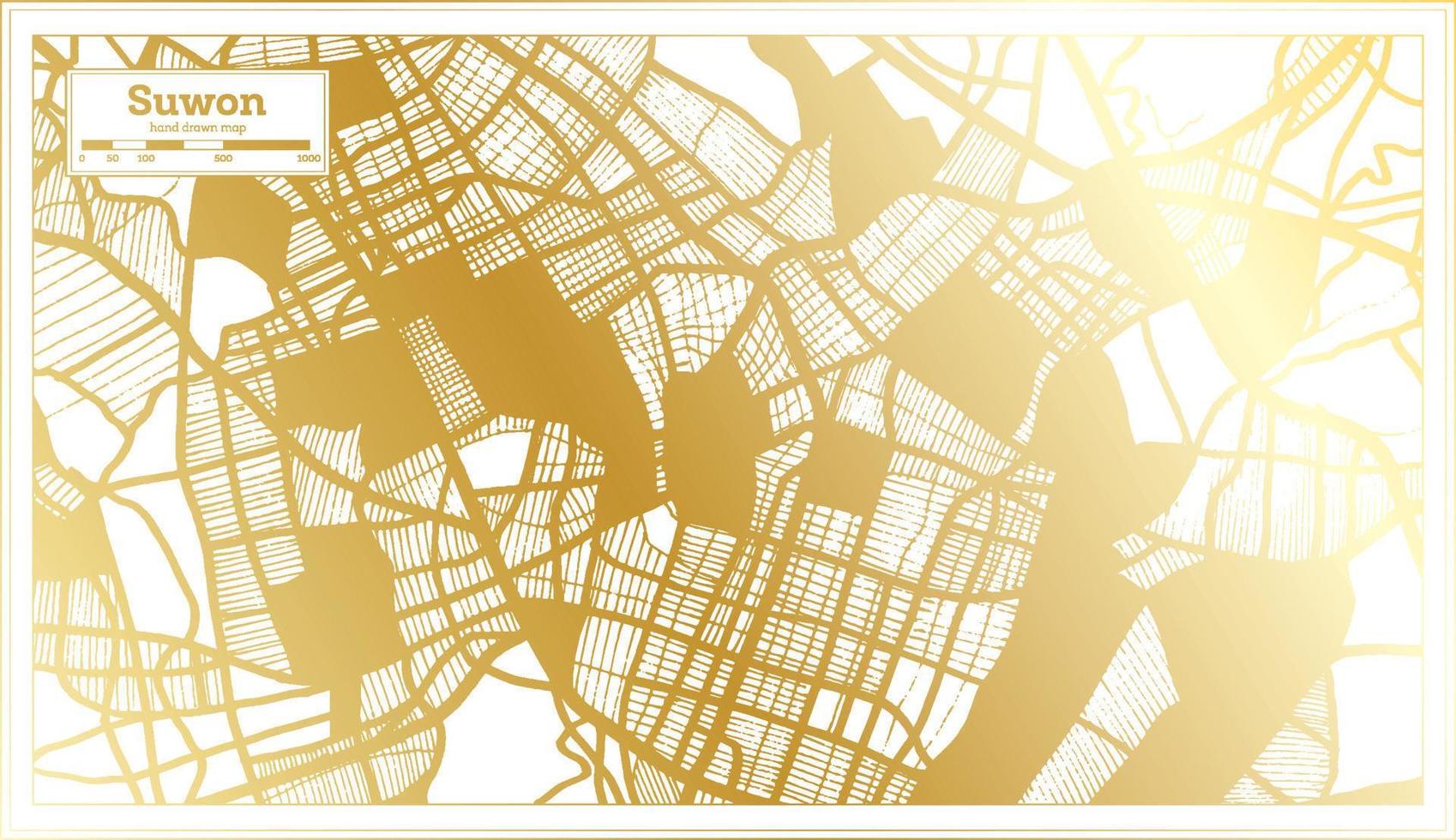 mapa de la ciudad de suwon corea del sur en estilo retro en color dorado. esquema del mapa. vector