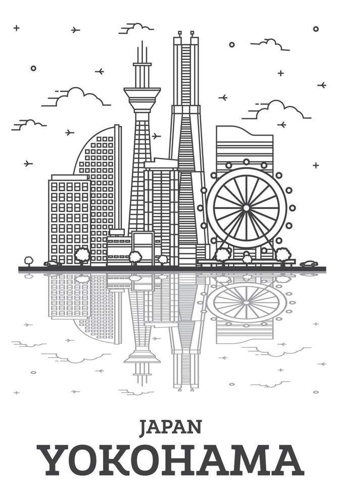 delinear el horizonte de la ciudad de yokohama japón con edificios modernos y reflejos aislados en blanco. vector