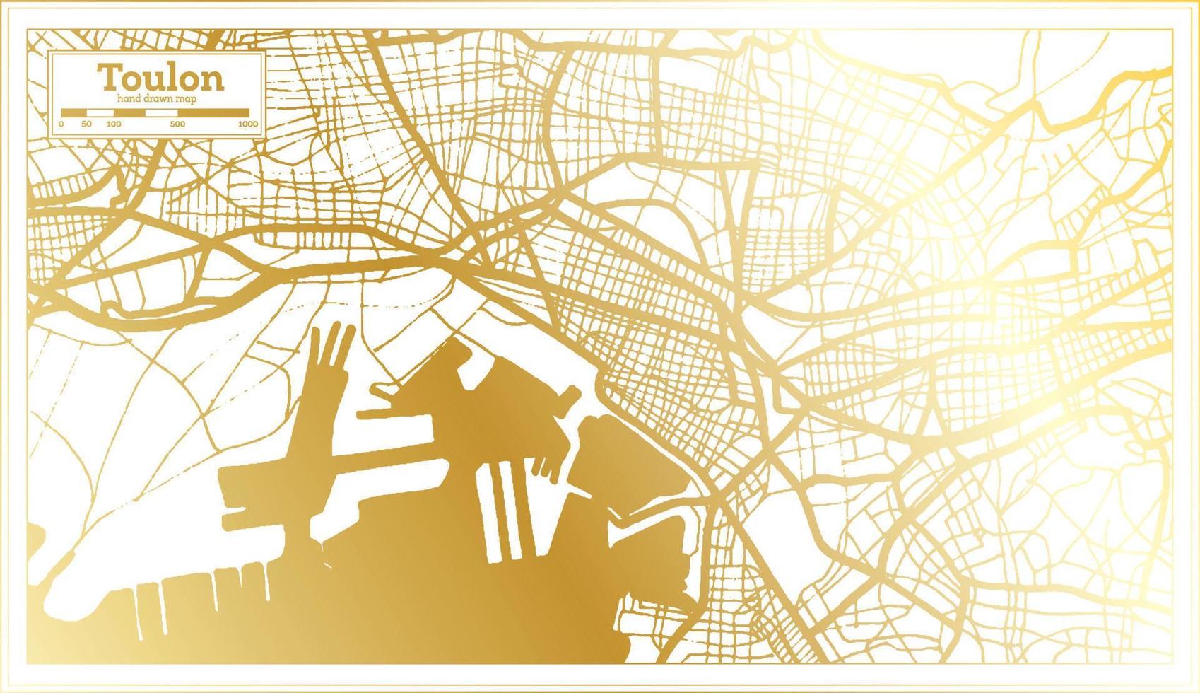 mapa de la ciudad de toulon francia en estilo retro en color dorado. esquema del mapa. vector