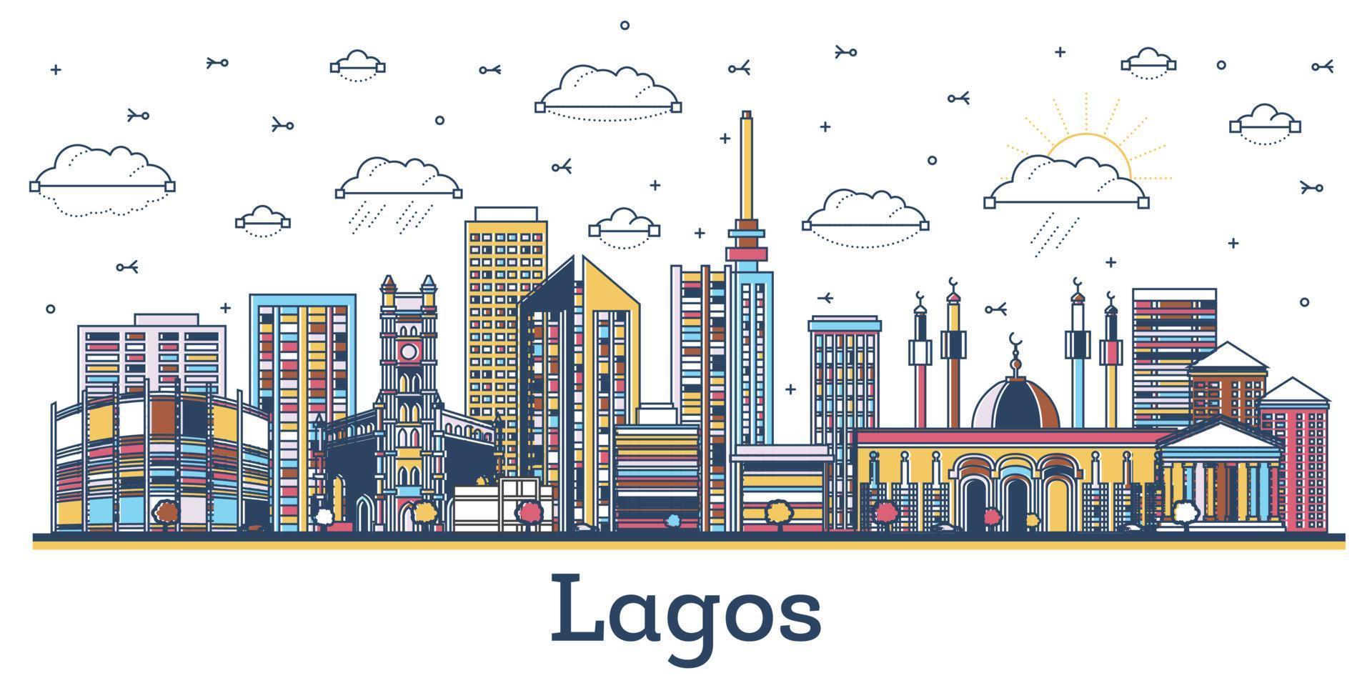 delinear el horizonte de la ciudad de lagos nigeria con modernos edificios de colores aislados en blanco. vector