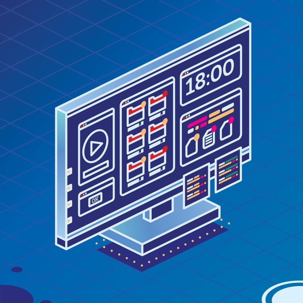 Isometric PC Computer Monoblock with Media Player, Folders and Two Stickers. vector