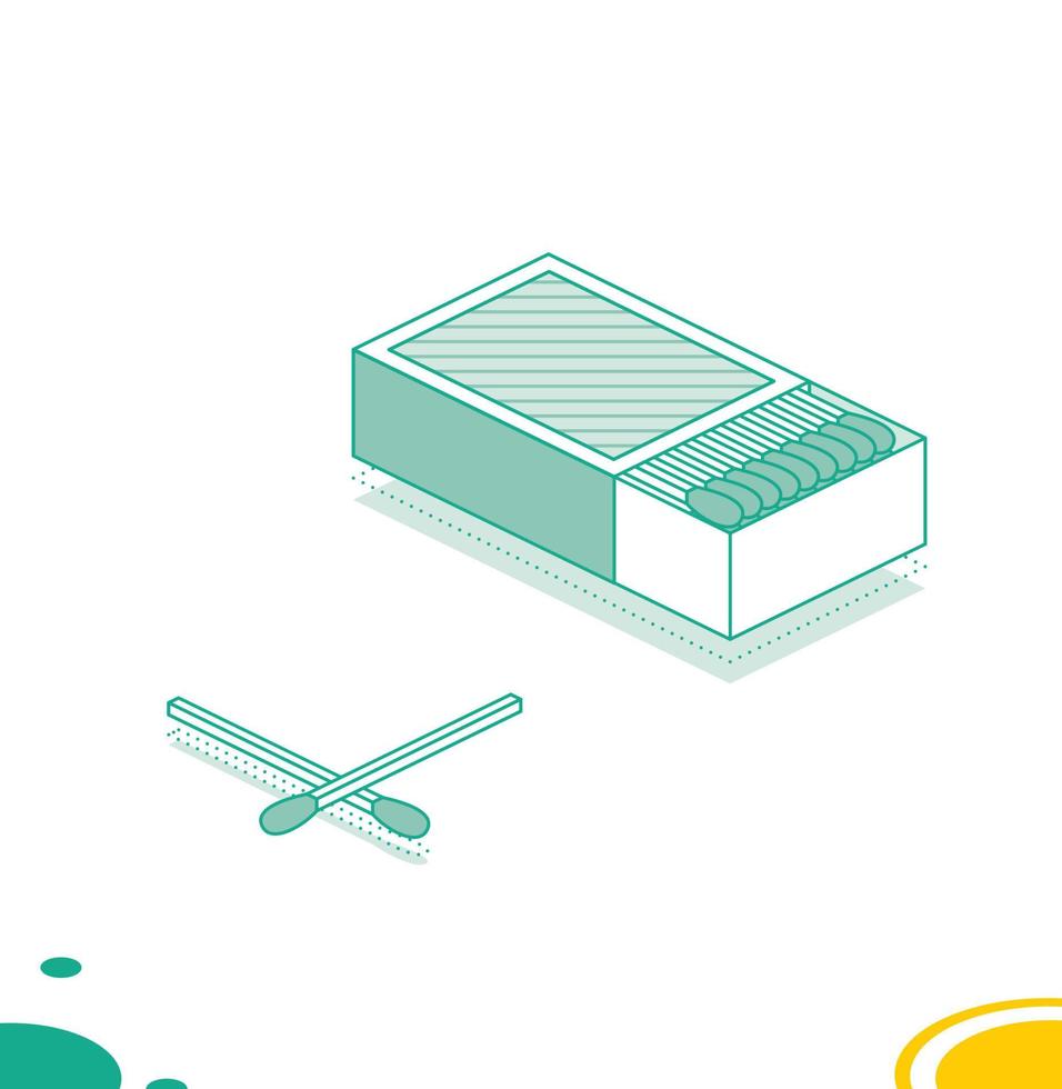 caja de fósforos isomérica y fósforos aislados en blanco. concepto de contorno. vector