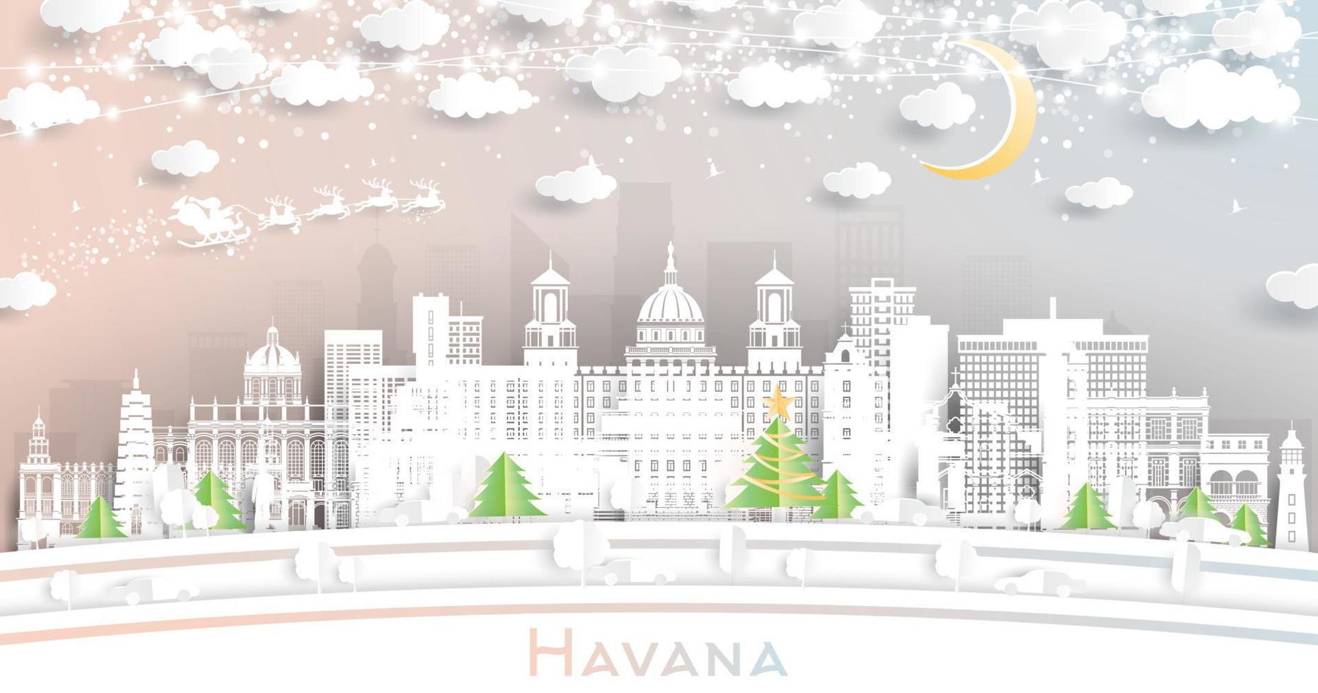 Havana Cuba. Winter City Skyline in Paper Cut Style with Snowflakes, Moon and Neon Garland. vector