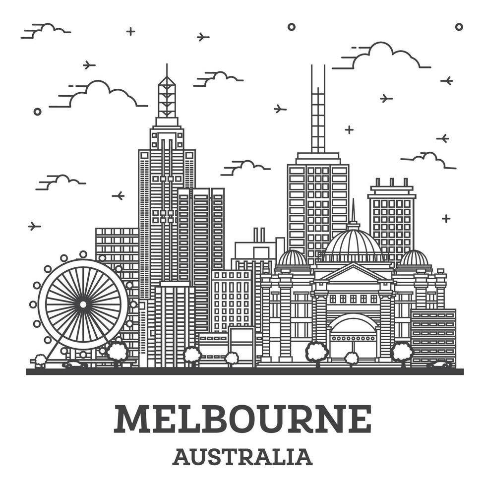 delinear el horizonte de la ciudad de melbourne, australia, con edificios modernos e históricos aislados en blanco. vector