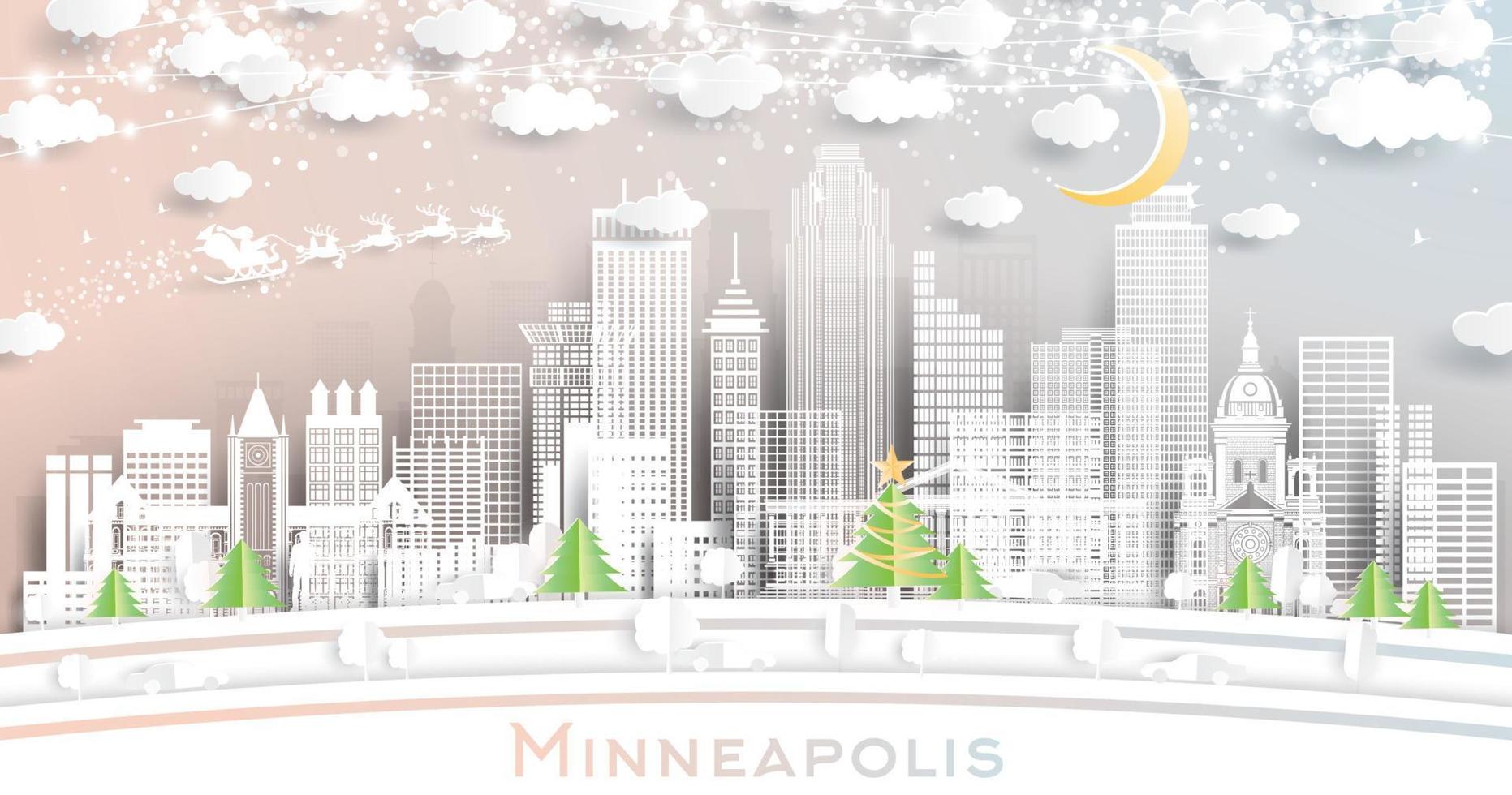 horizonte de la ciudad de minneapolis minnesota en estilo de corte de papel con copos de nieve, luna y guirnalda de neón. vector