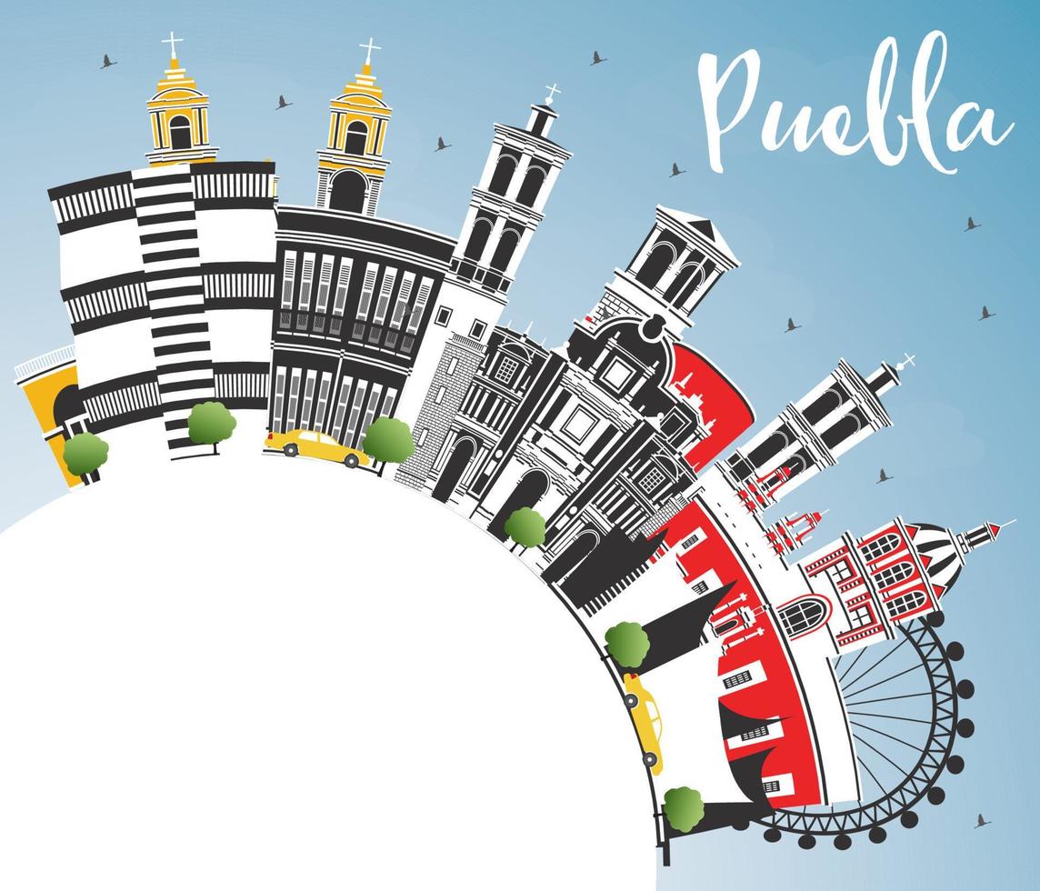 Puebla Mexico City Skyline with Color Buildings, Blue Sky and Copy Space. vector