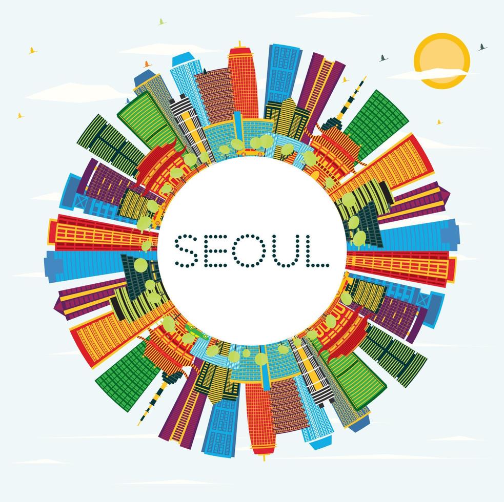 el horizonte de la ciudad de seúl, corea del sur, con edificios de colores, cielo azul y espacio para copiar. vector