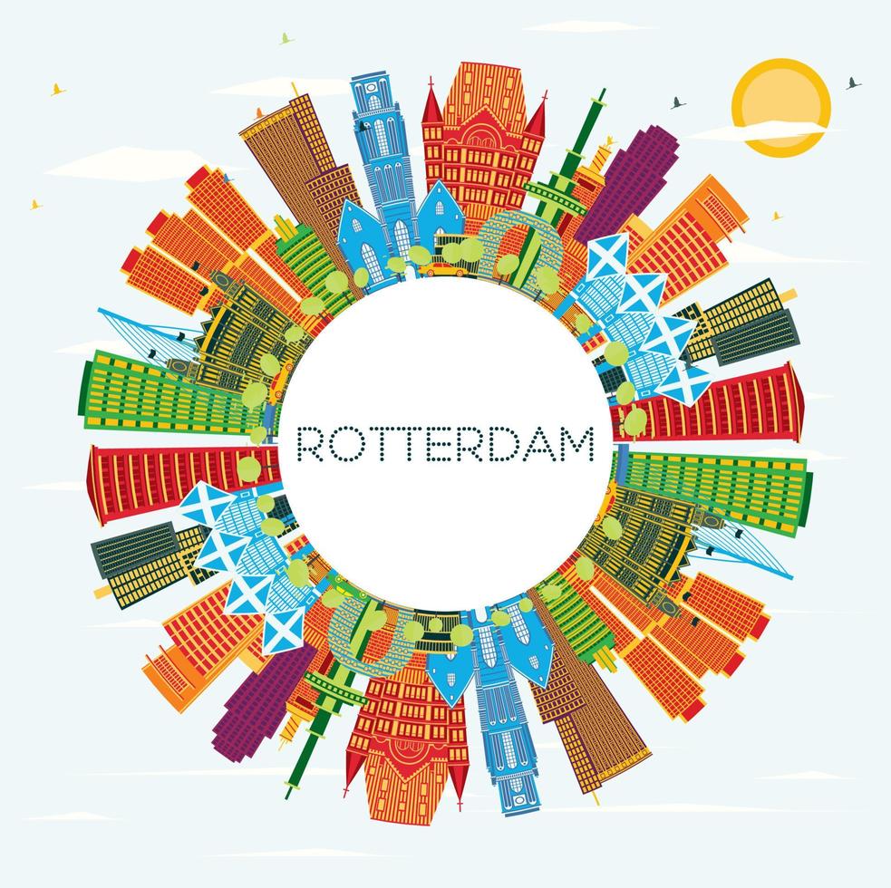 horizonte de la ciudad de rotterdam países bajos con edificios de color, cielo azul y espacio de copia. vector